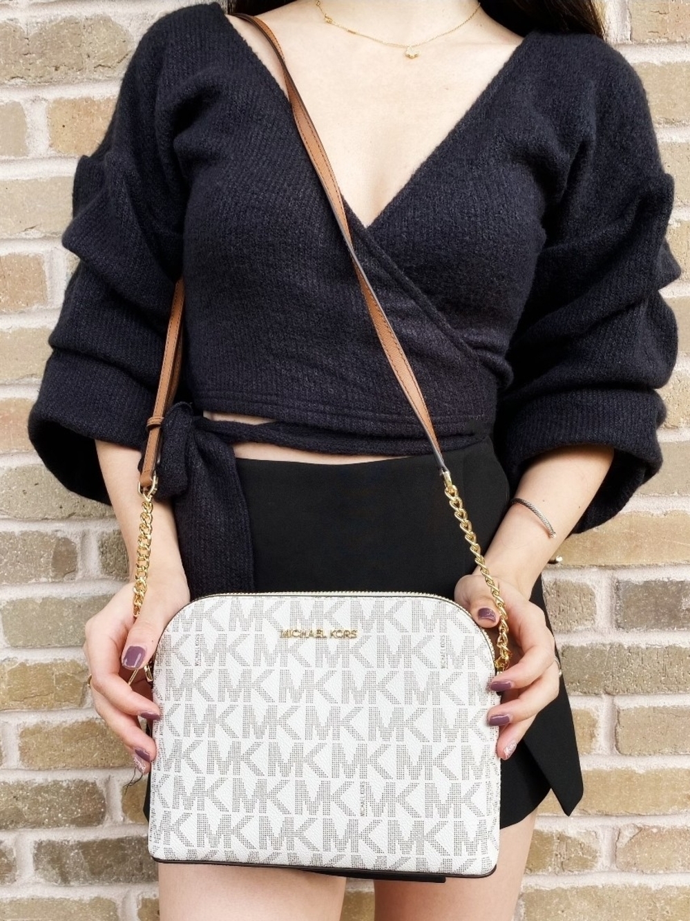 Michael Kors White Logo Crossbody with Brown Leather & Gold Chain